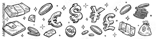 Money and finance line art icons set. Hand drawn collection with wallet, cash, coins, currency and diamond for banking or investment. Vector illustration for financial management and savings