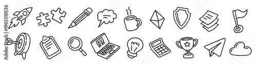 Business startup line art icons set. Hand drawn vector collection with rocket, puzzle, light bulb, clipboard and target for project management and office teamwork