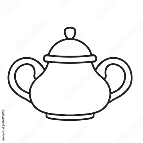 Vintage round sugar bowl with ornate handle line art on white background