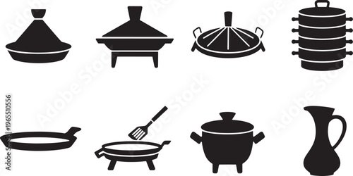 Set of kitchen cookware silhouettes featuring traditional clay pots, ceramic casseroles and jug