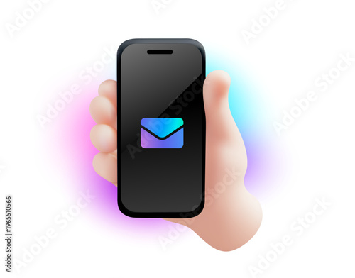 3d hand holding smartphone with email icon on screen. Vector mesh illustration of mobile phone with envelope for contact us, email marketing or message notification