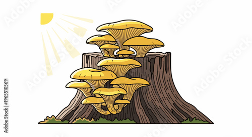Yellow mushrooms grow on a tree stump bathed in sunlight