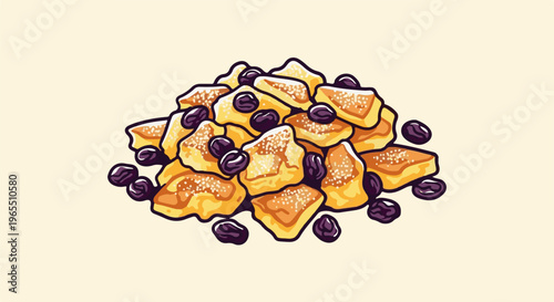 A pile of golden, baked pastries with dark fruit pieces and sugar