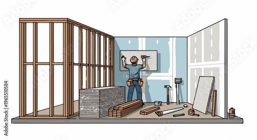 Worker installs drywall in a wood-framed room with tools and materials