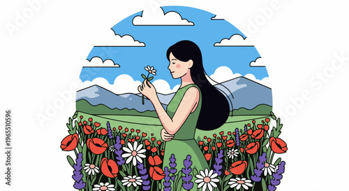 Young woman in a green dress smells a daisy in a field of poppies