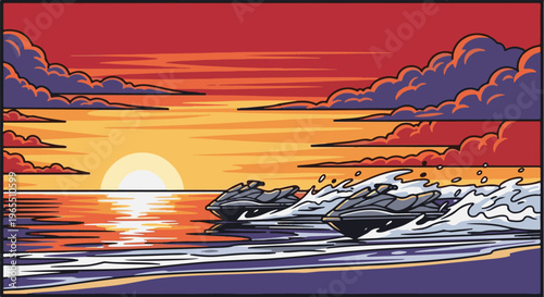 Three jet skis speed across the water at sunset