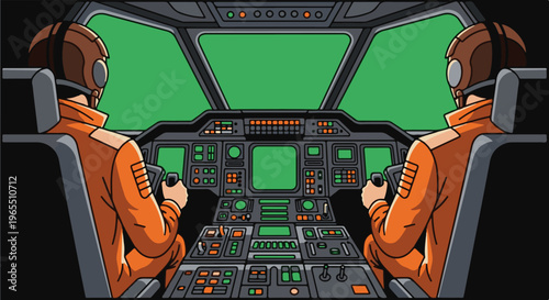 Two pilots in orange suits and helmets in a futuristic spacecraft cockpit