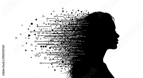 Silhouette of woman with coding symbols.