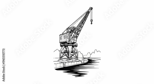Vintage sketch of a large loading crane at the edge of a river