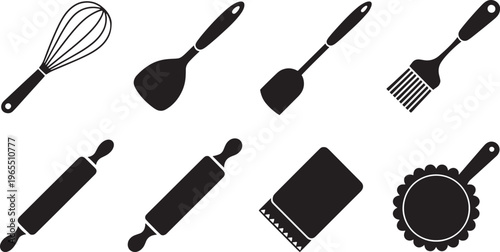 Set of Kitchen Utensil Icons Including Whisk Spatula Rolling Pin and Cutting Board Illustration
