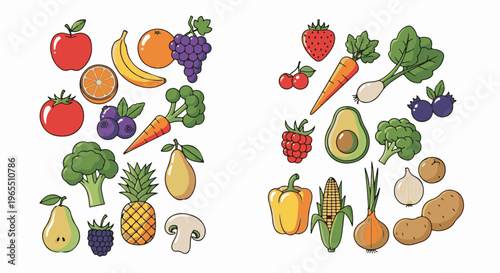 A collection of colorful, pixelated fruits and vegetables arranged on a white background