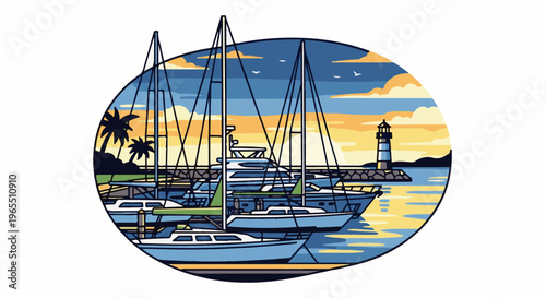 Yachts docked at harbor with palm trees and lighthouse at sunset