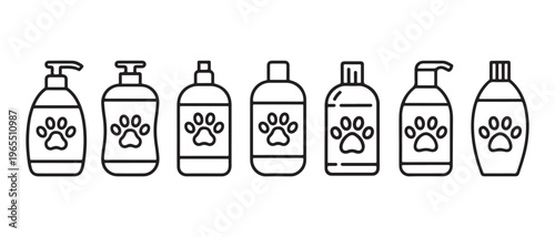 Pet Shampoo and Conditioner Bottles with Paw Print Labels Flat Design Outline Icons Vector Illustration.