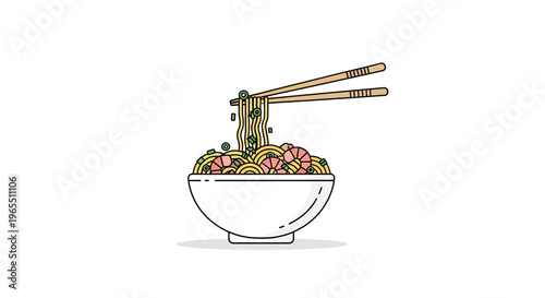 Noodle bowl with chopsticks and vegetables.