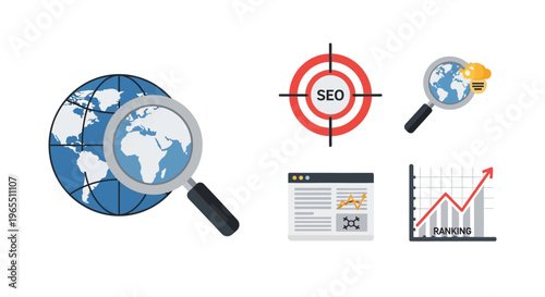 Magnifying glass over world map.