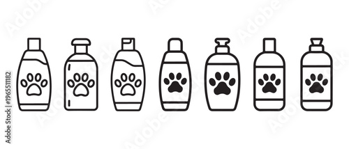 Set of Pet Shampoo and Grooming Bottle Icons with Paw Print Labels, Minimalist Line Art Vector Illustration.