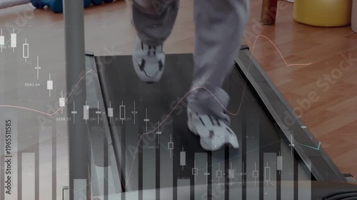 Vertical video: Jogging waist-down grey sweats white shoes on treadmill as belt starting with chart