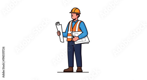 Man in hard hat holding blueprints.