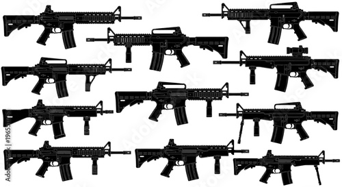Set of Tactical AR-15 and M4 Assault Rifle Silhouettes - Modern Firearm Outlines and Carbine Gun Icons