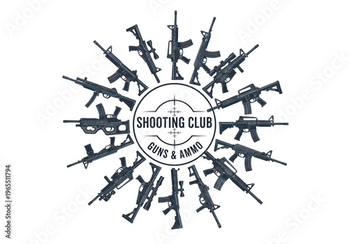 Shooting Club and Guns & Ammo Logo Design Featuring a Circular Array of Tactical Rifles, Carbines, and Assault Weapons - Professional Vector Illustration for Gun Range Branding