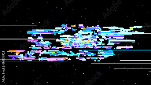 Futuristic glitch vector showing digital transformation, data visualization mood and red pink highlights for modern tech design. Dark background with subtle noise enhances contrast. Ideal for tech...