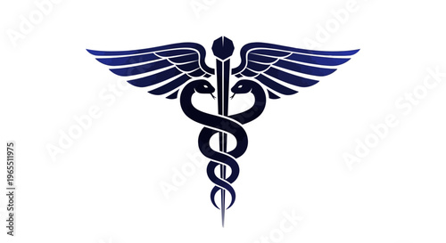 Stylized Blue Caduceus Medical Symbol with Wings and Snakes, Healthcare and Medicine Icon Isolated on White