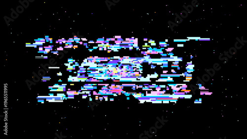 Futuristic glitch vector showing digital transformation, data visualization mood and red pink highlights for modern tech design. Dark background with subtle noise enhances contrast. Ideal for tech...