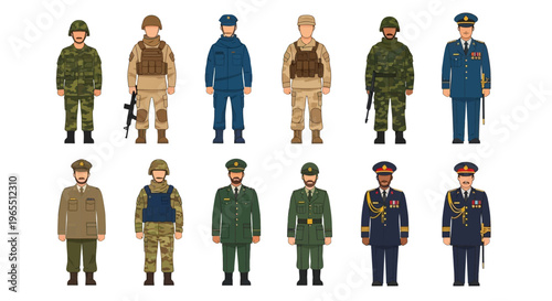 Military Soldier Character Set: Collection of Diverse Army Uniforms, Combat Gear, and Formal Dress Illustrations