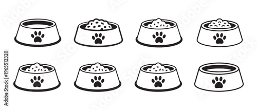 A collection of black and white icons depicting pet food bowls with varying amounts of meal inside.