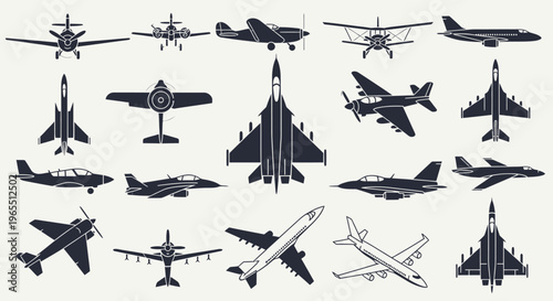 Set of Airplane Silhouettes: Military Fighter Jets, Commercial Airliners, and Vintage Propeller Planes Vector Icons