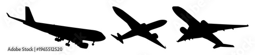 Airplane set with silhouette of a plane taking off at dawn featuring departure, flight, aviation with sky and runway and horizon
