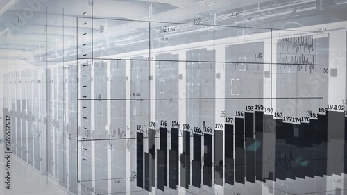 Server cabinets filling data hall grid drawing then spawning 3D bars showing load and waveform