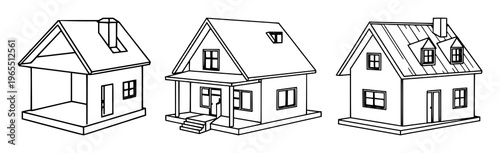 3D-printed house model set with geometric lines and uniform stroke on white background featuring 3D-printed, house, construction tech with vector illustration and icon