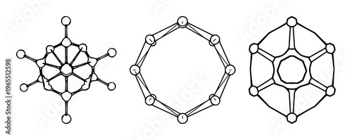Molecule set with fine line art of a 3D hexagonal molecule structure featuring plant-based science, modern polygonal style, white background with illustration and vector
