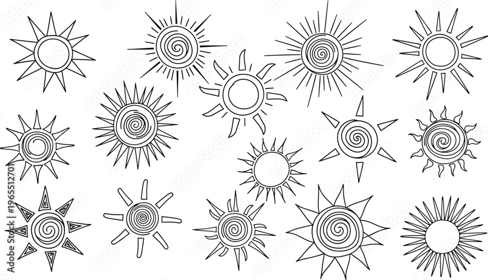 Fototapeta premium Black Sun Symbols Isolated on White Background