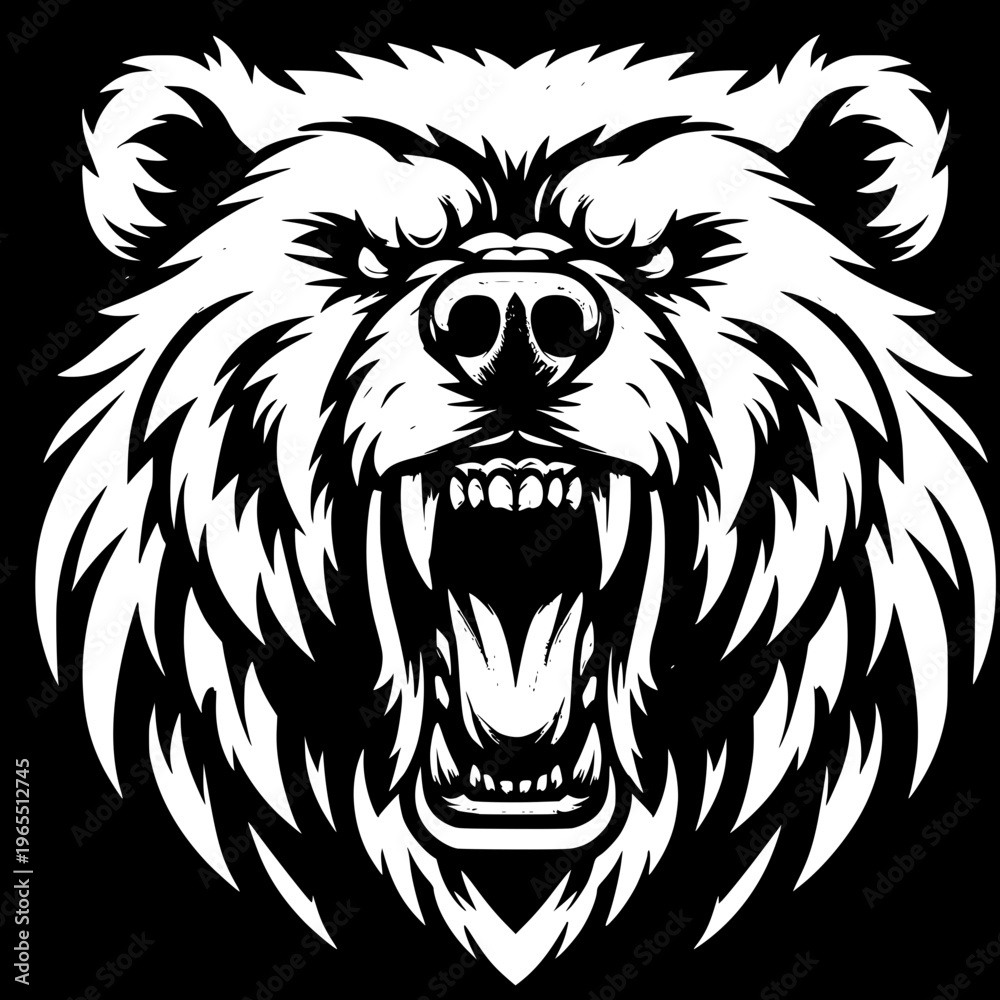 Fototapeta premium Isolated black silhouette of a wild Bear roaring head vector illustration featuring a fierce predator face for a mascot tattoo or animal wildlife symbol