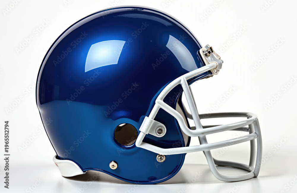 Fototapeta premium Shiny blue football helmet with white facemask. Classic design, pro sport headgear for protection. Isolated object on white background, studio shot.