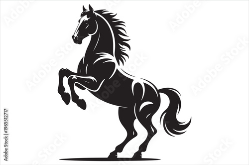 A striking black silhouette of a rearing horse with flowing mane and tail