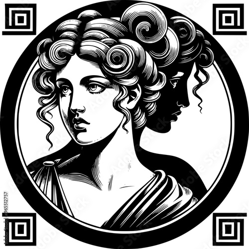 Vintage fashion illustration of a beautiful lady silhouette featuring a glamour hairstyle with floral design accents, black vector sketch art, and long hair style