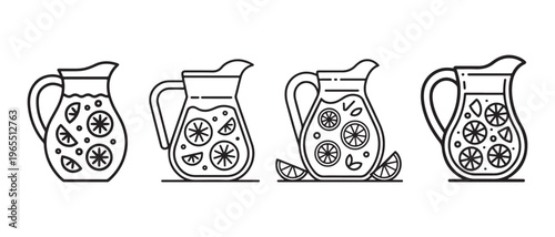 A collection of four simple line art icons featuring glass pitchers filled with citrus lemonade.