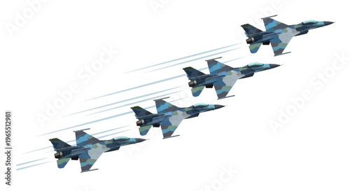 Squadron of Military Jet Fighters in Combat Formation, Blue Camouflage Stealth Aircraft Illustration Isolated on White