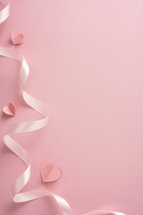 Happy Mother's Day vertical pink ribbon and paper hearts on a soft pastel background for greeting cards