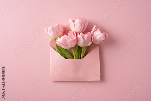 Pink tulips in envelope for Mother's Day card and gift on pastel background