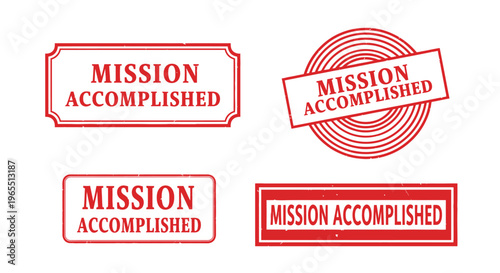Set of Red Mission Accomplished Grunge Rubber Stamps - Success Achievement Concept Icons