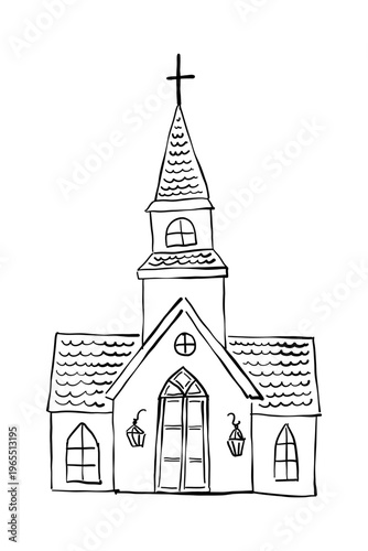 Whimsical doodle Christian Church building illustration. Hand drawn vector facade of religious church building isolated on white background