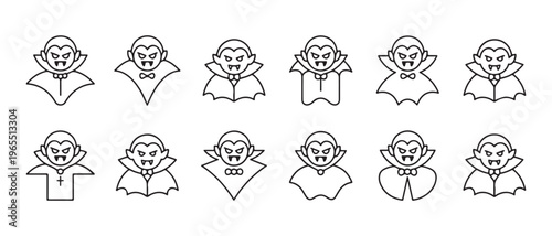 Set of Cute Vampire Icons in Line Art Style for Halloween Design, flat design vector illustration.