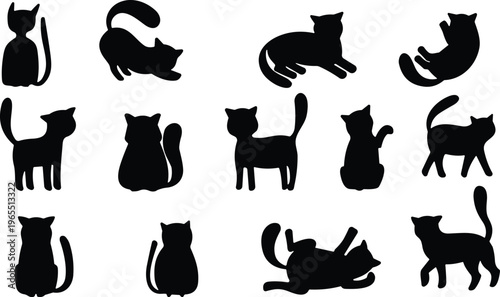Cat silhouette set, cute kitten poses collection, pet animal vector illustration black isolated design playful feline bundle for logo