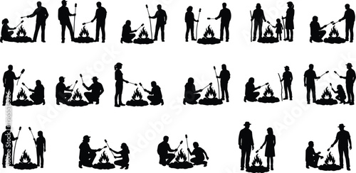 Camping bonfire silhouette set, family outdoor adventure roasting marshmallow scene collection, vector illustration black isolated travel lifestyle design bundle
