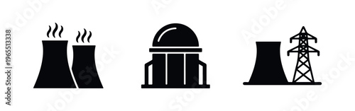 Collection of minimalist black icons for nuclear energy, featuring cooling towers, a reactor dome, and a power transmission pylon on white.
