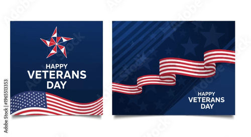 Happy Veterans Day Greeting Cards Set with American Flag and Patriotic Stars on Navy Blue Background